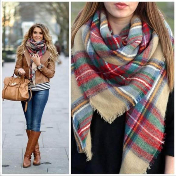 TAN Plaid Printed Oversized fall winter scarf - Picture 6 of 7